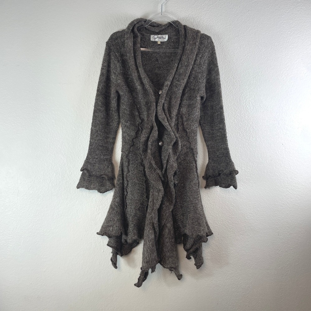 Parisline Ruffle Longline Cardigan L Brown Wool Silk Whimsigoth Fairycore Boho